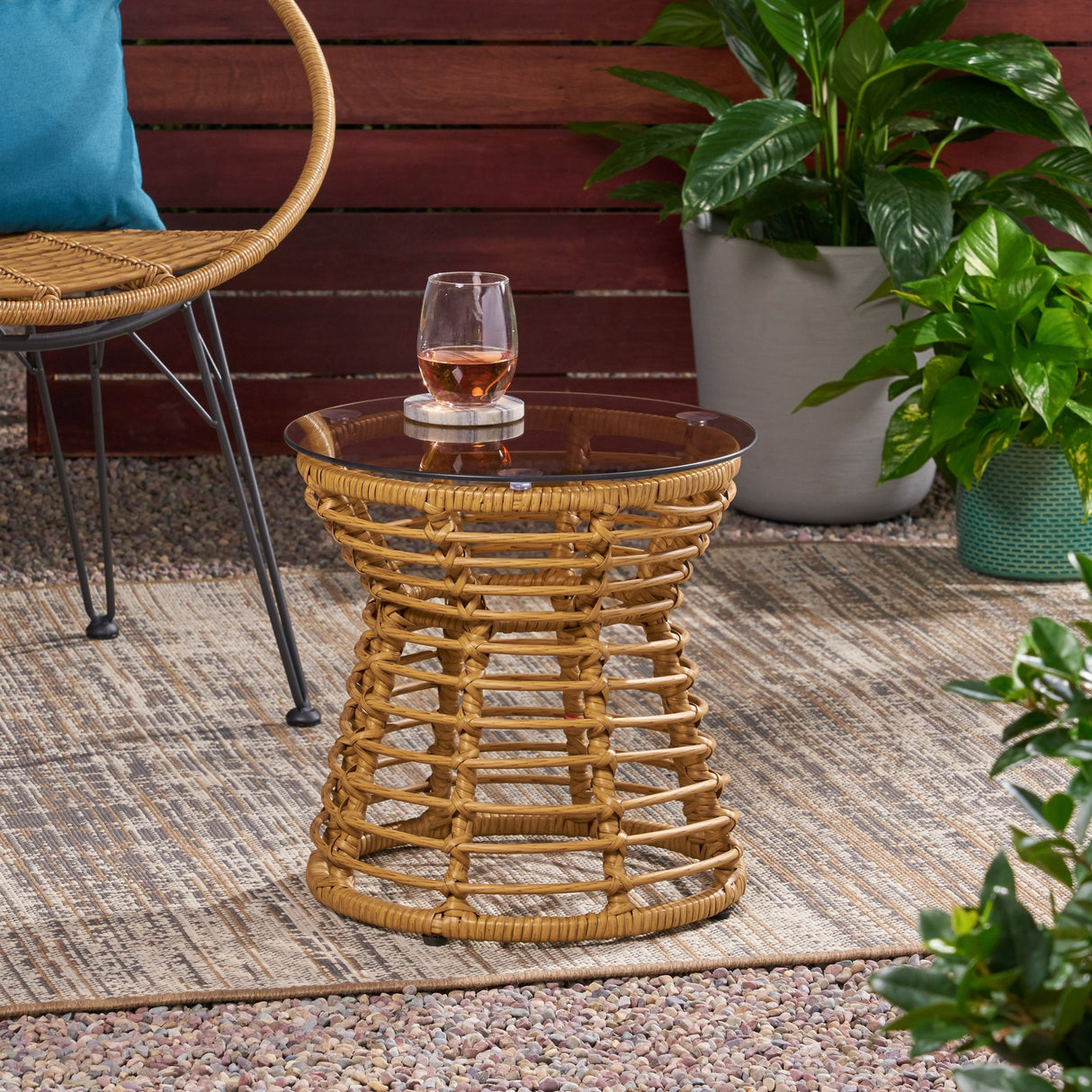 San Pedro Boho Style Side Table with Tempered Glass Top in Light Brown Rattan