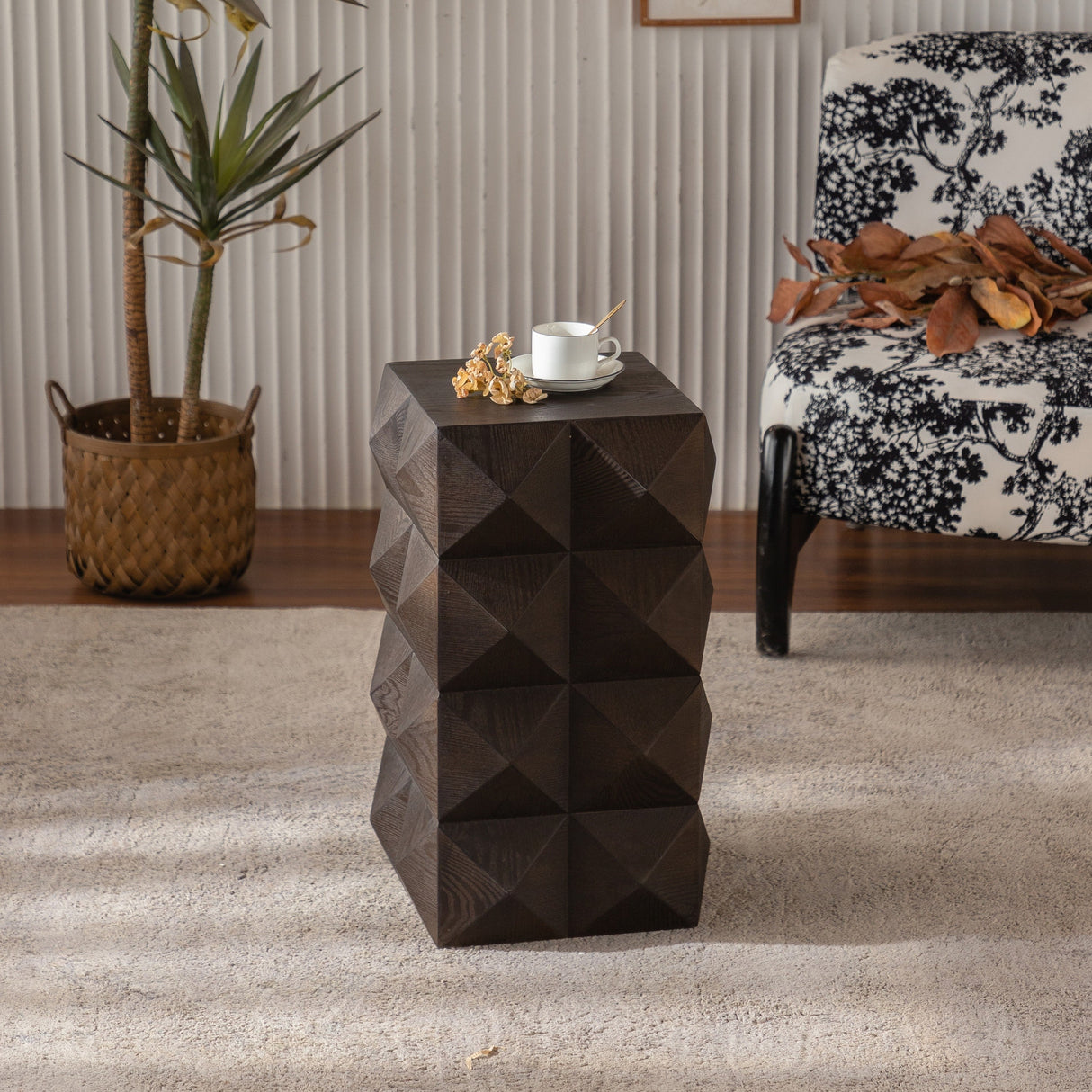 Retro Wooden Side Table with 3D Embossed Design