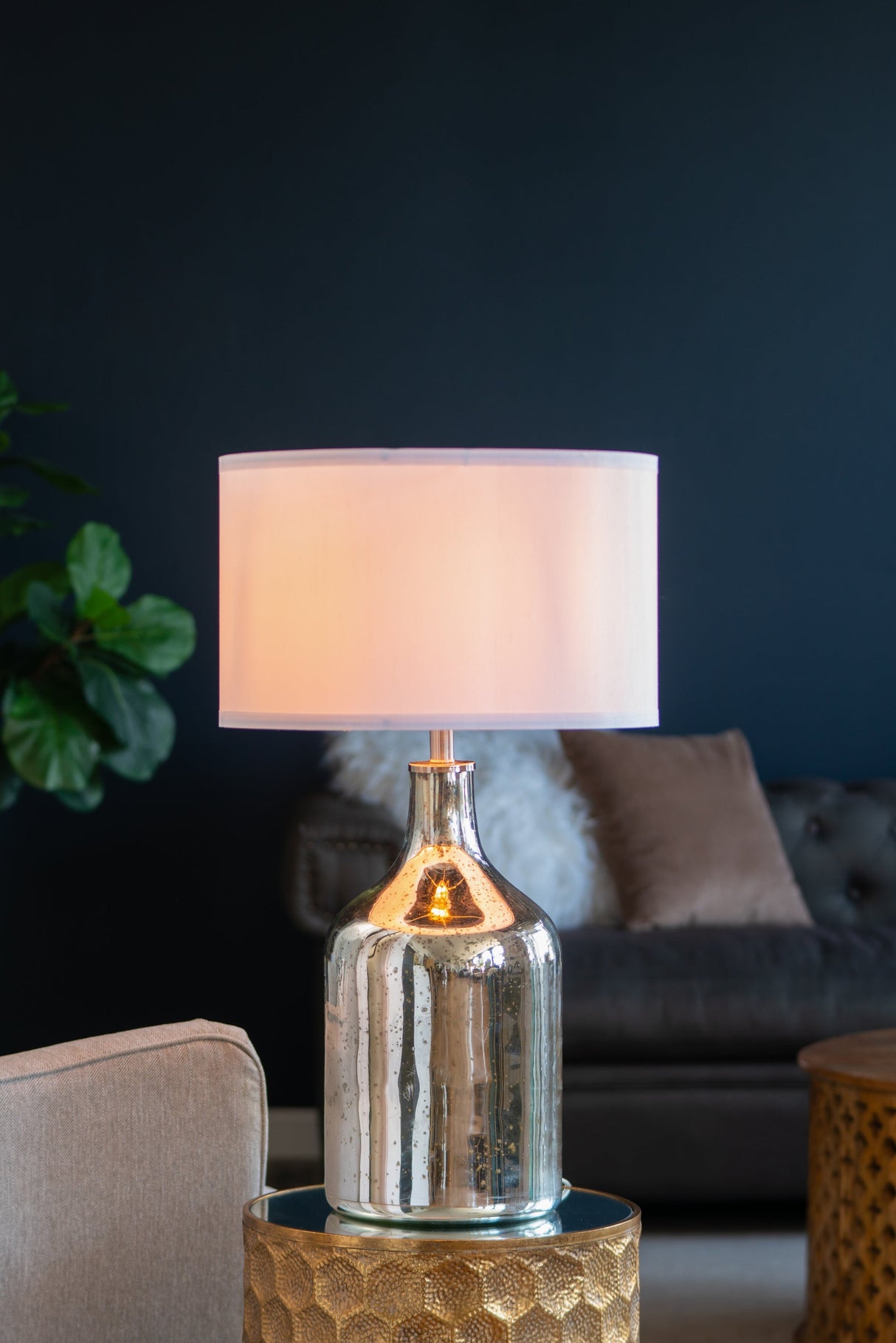 Silver Round Table Lamp with White Fabric Shade