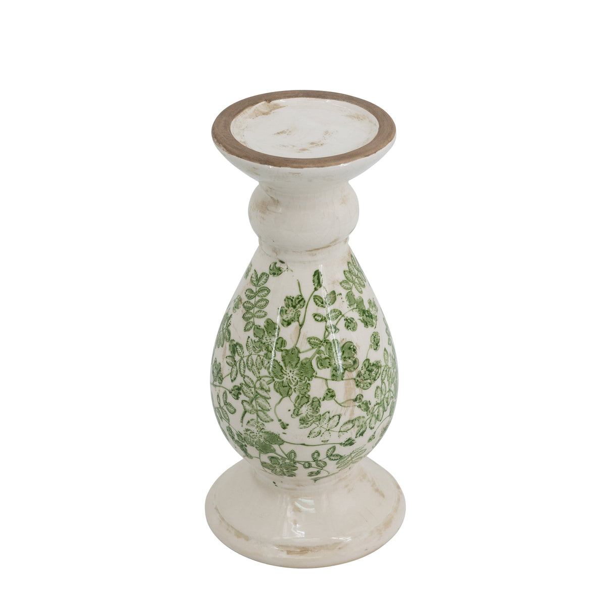 D4.7x10' White Ceramic Candle Holder with Green Floral Patterns, Small