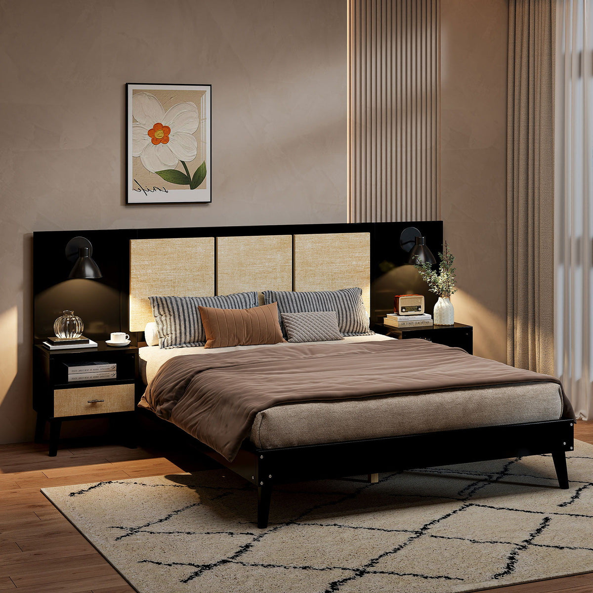 Bed Frame With 2 Nightstands Elegant Design With Lamps
