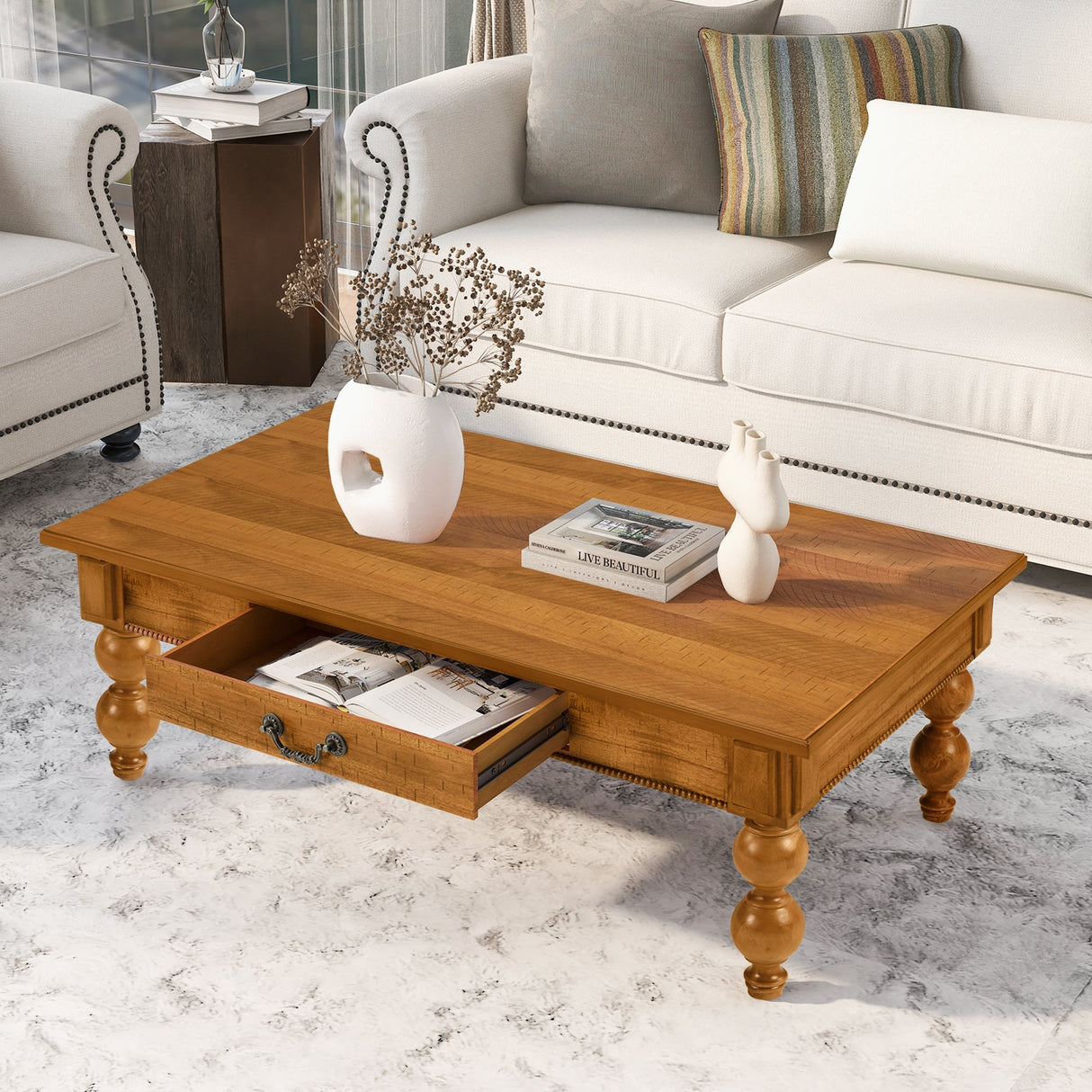 Rectangular Wooden Coffee Table with Storage Drawer