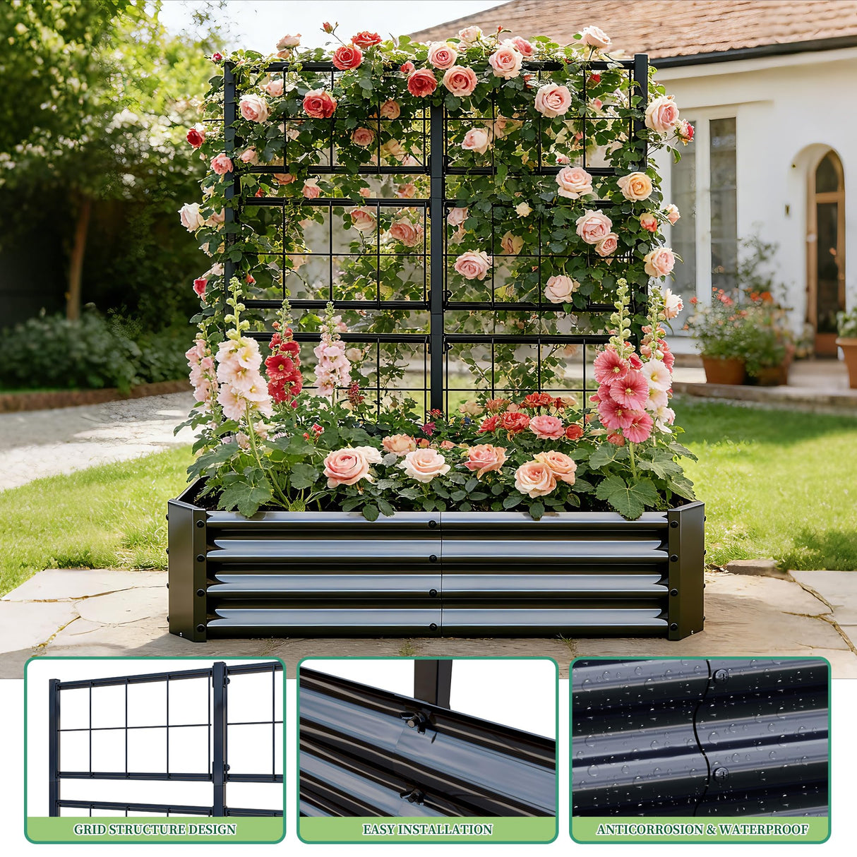 4x2x1FT Galvanized Raised Garden Bed with Arch Trellis