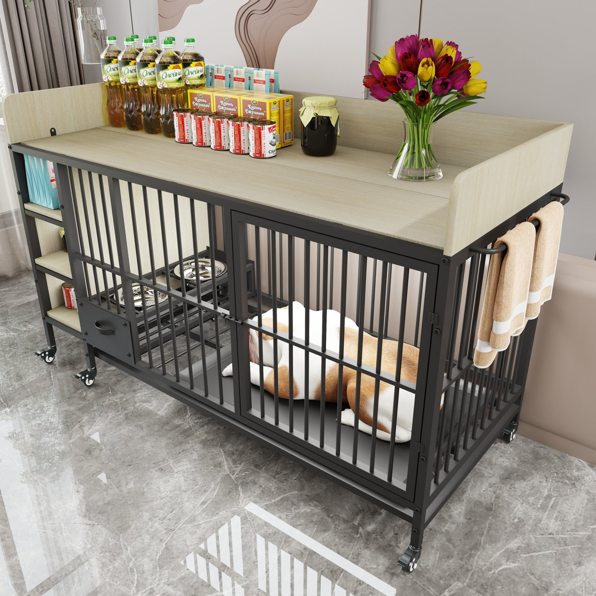 Large Pet Cage with Storage Rack Black and Beige