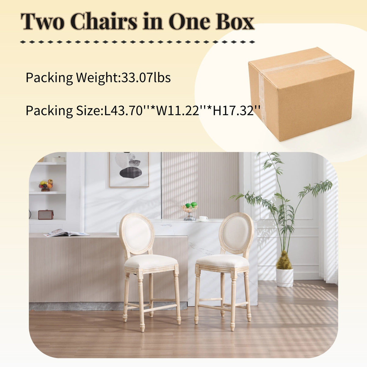 French Country 26'' Height Bar Chairs with Beige Linen Upholstery - Set of 2