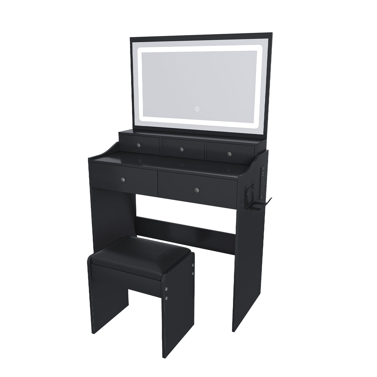Modern Makeup Vanity Set With Power Outlet, Hair Dryer Holder, And Adjustable Lighting