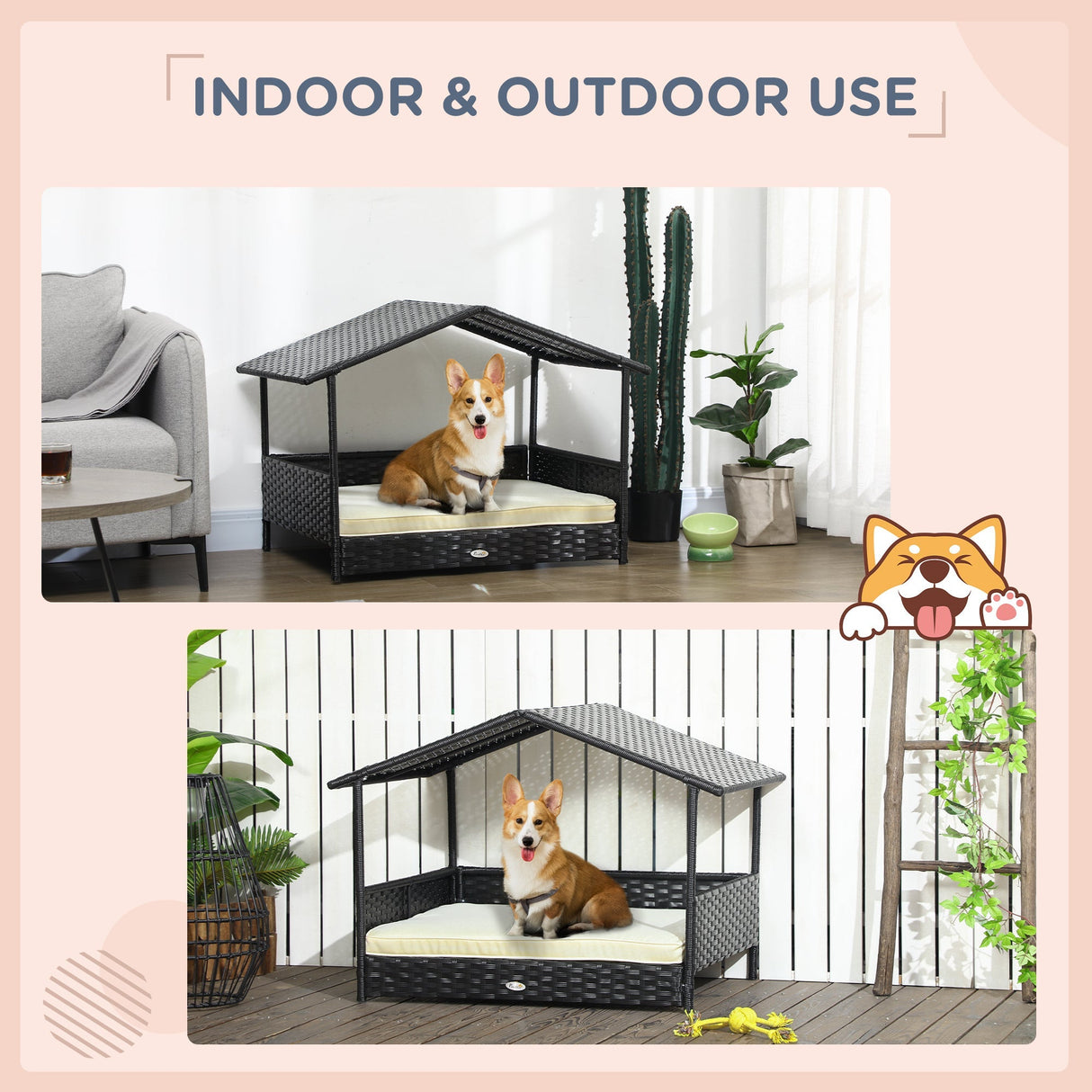 PawHut Wicker Dog House Outdoor with Canopy