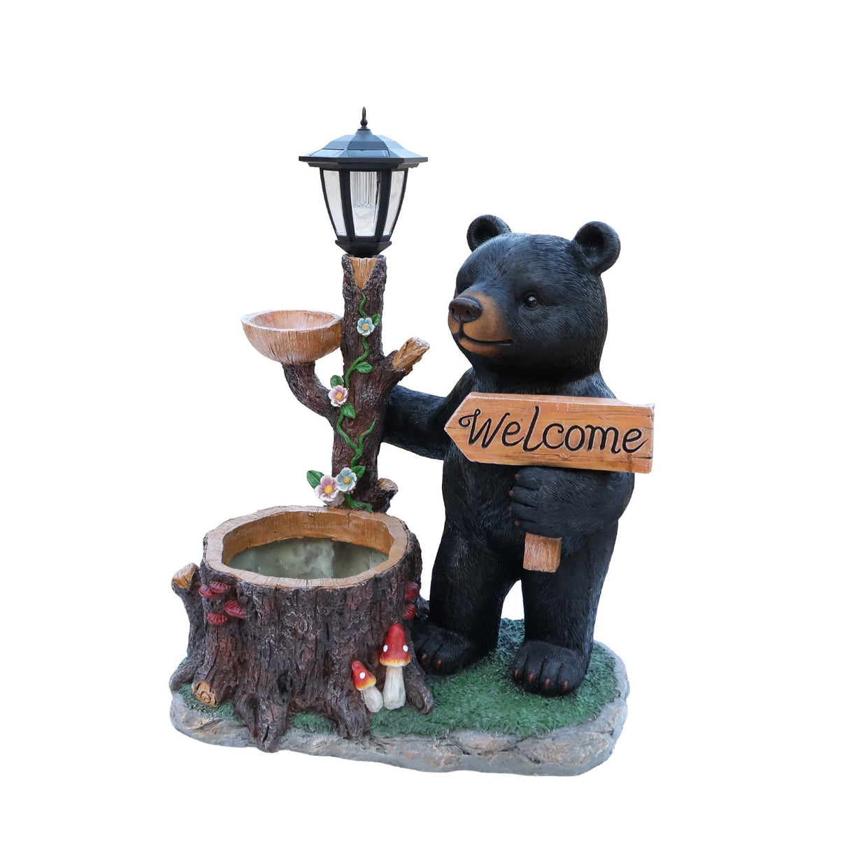 Decorative Standing Black Bear Garden Planter with Solar-Powered Lantern