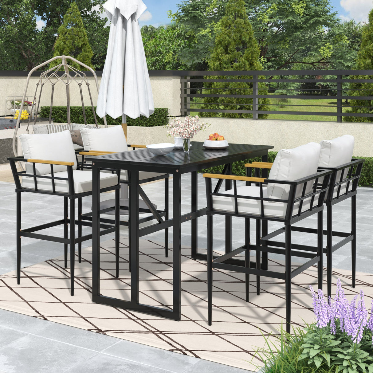 Iron Outdoor Dining Set with Acacia Wood Armrest