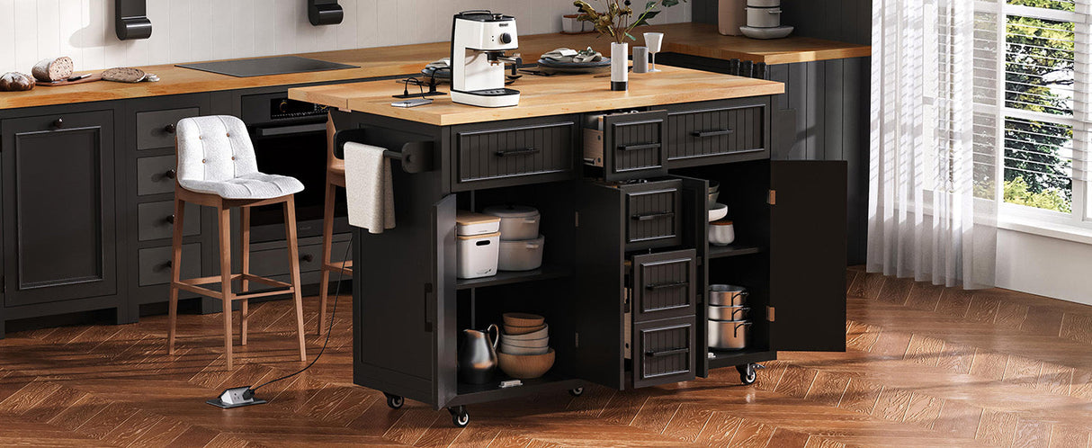 K&K 56.5'' Kitchen Island with Drop Leaf, Power Outlet