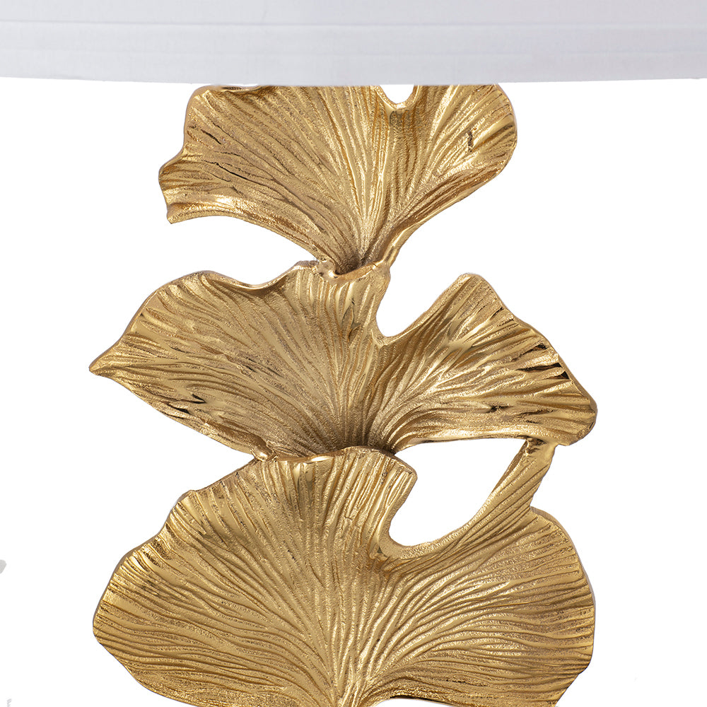 Gold Ginkgo Leaf Table Lamp with Marble Base and White Drum Shade