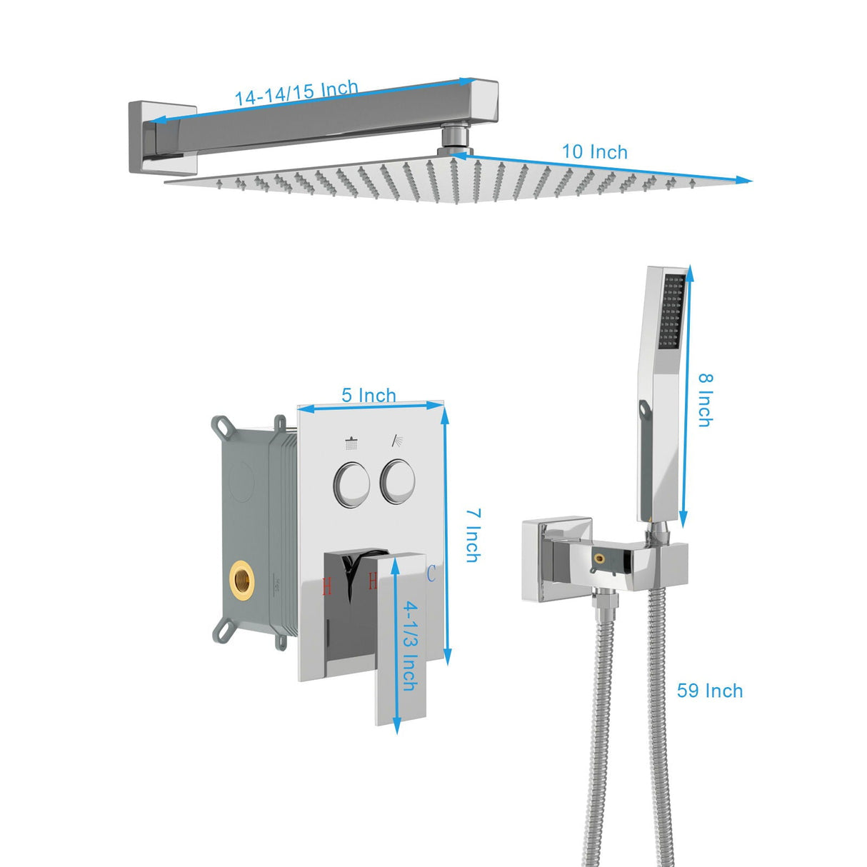 Dual Shower Head System With Square Rain Shower And Rough In Valve