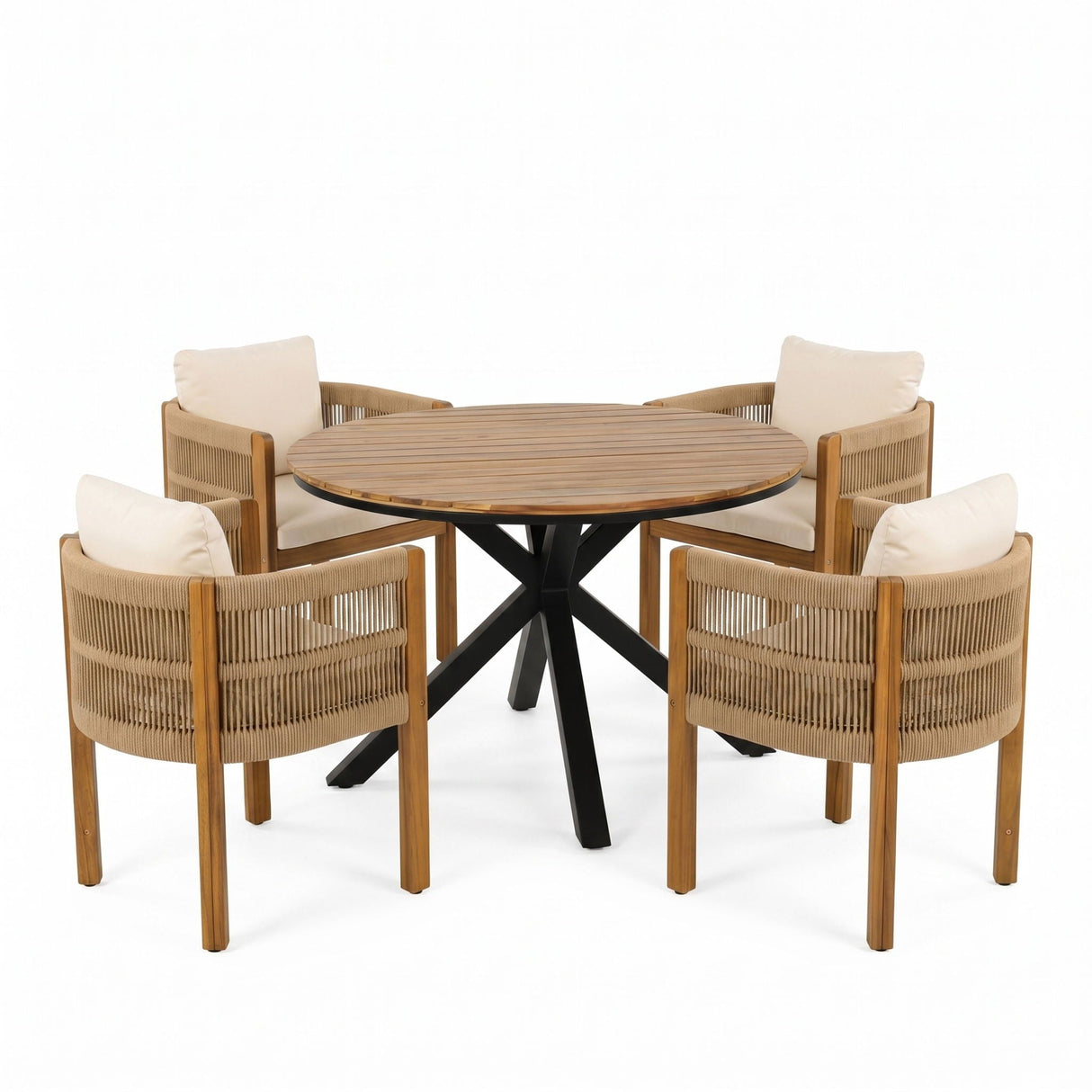 5 Piece Outdoor Dining Set With Round Table And 4 Wrapped Chairs - Black / Brown / Teak