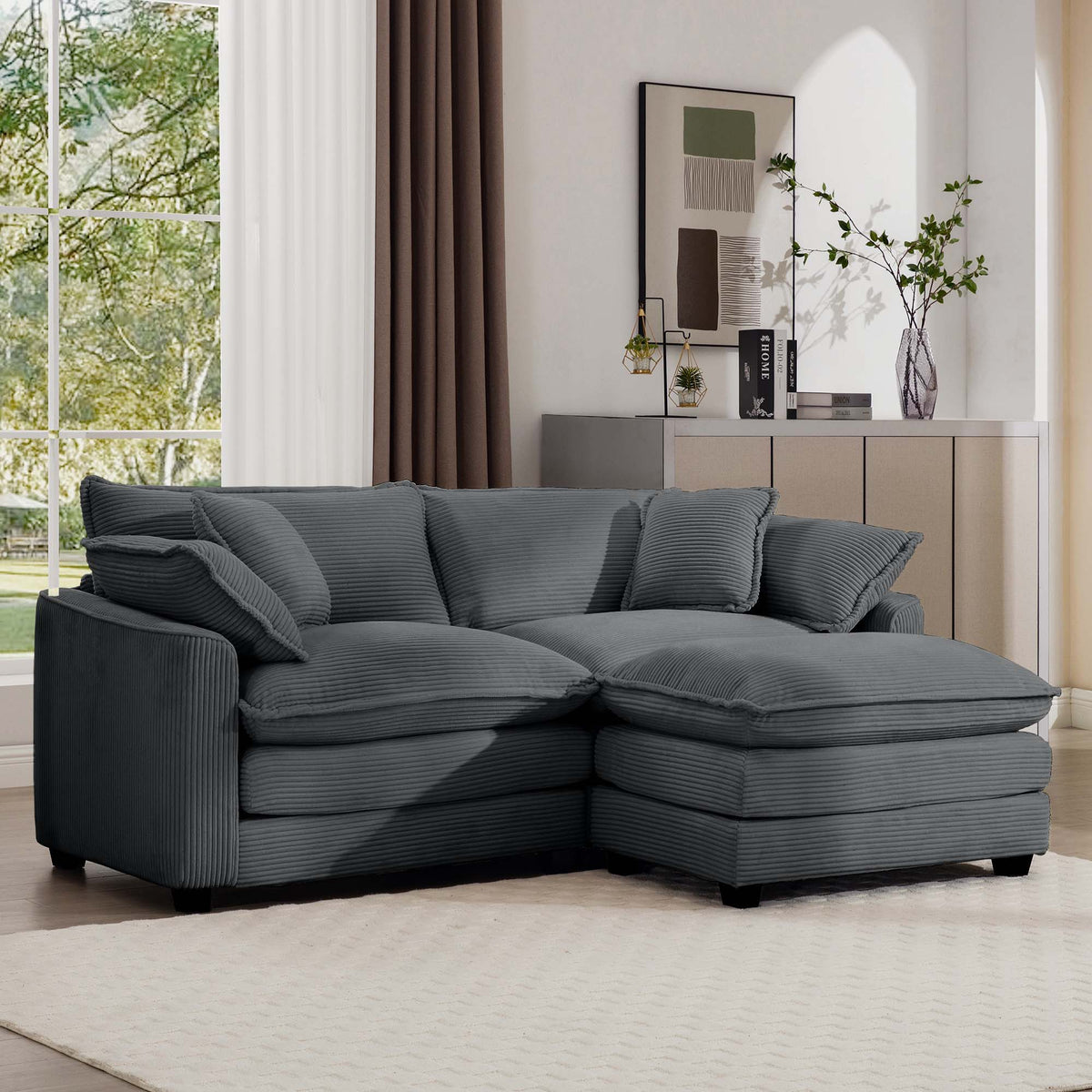 Modern Modular Cushion Sofa Set with Ottoman - Fabric, Multiple Colors