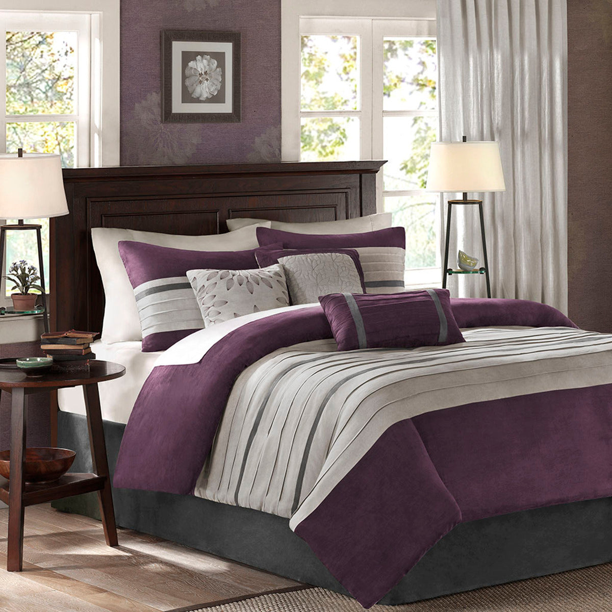7 PC Pieced Faux Suede Comforter Set Purple Queen