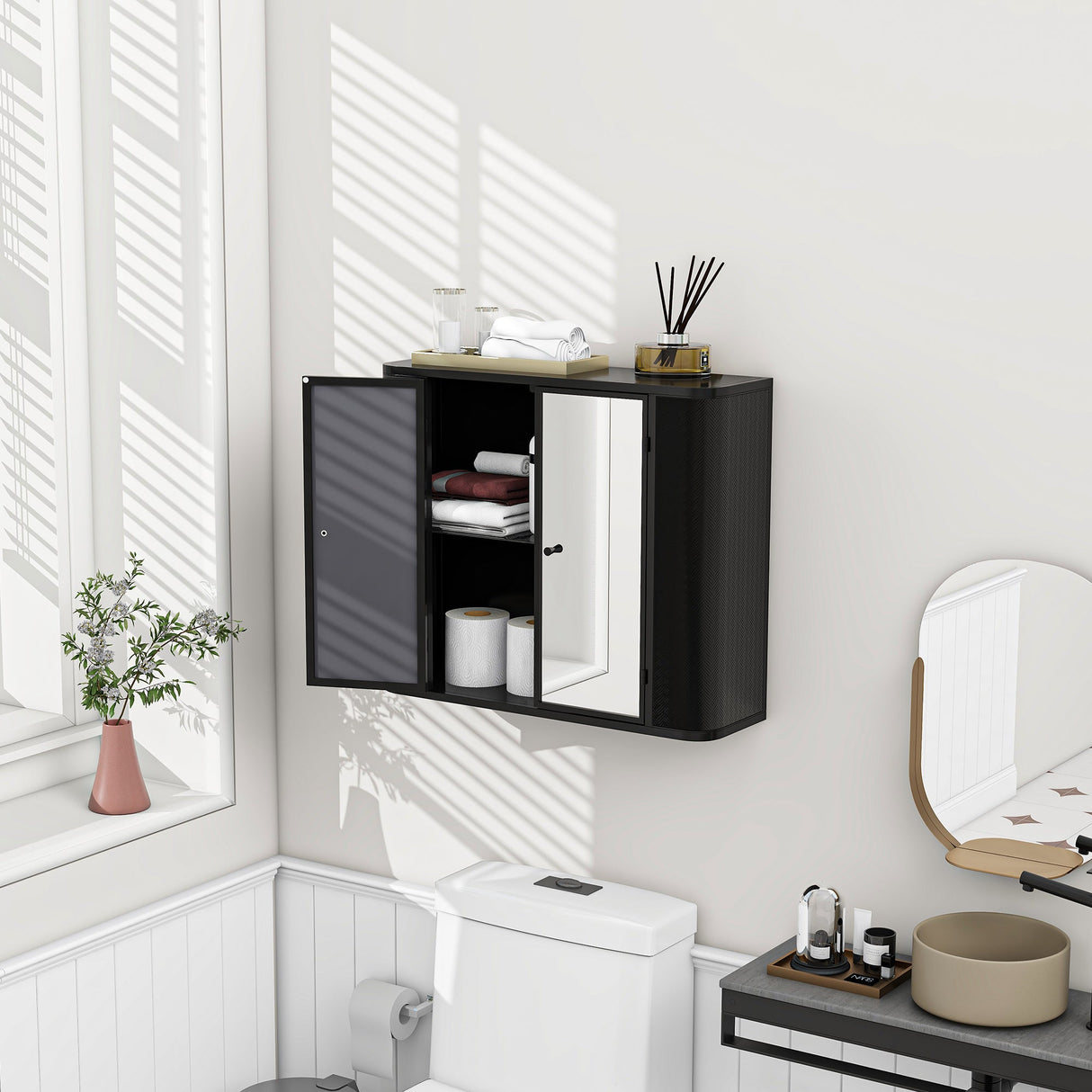 Black Wall-Mounted Bathroom Cabinet with Mirror, 2 Mirrored Doors & Open Shelf