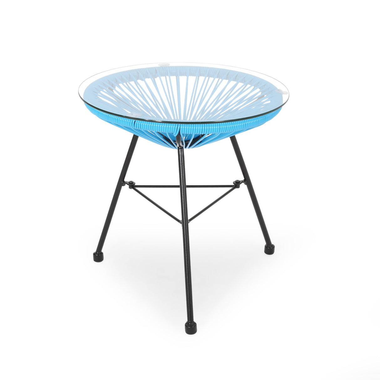 NUSA Modern Rattan Side Table with Tempered Glass Top in Blue, 17.75 x 17.75 x 18 inches
