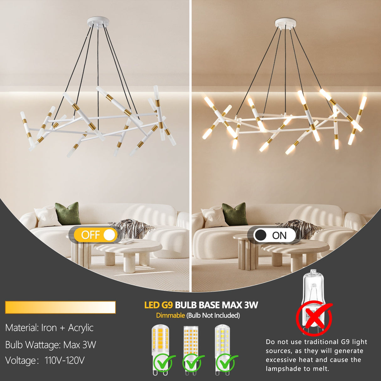 41' White & Golden Modern Chandelier Light Fixture, Branch Design with Frosted Tubes, Black Cords, Adjustable Height Pendant Light for Dining Room, Living Room, or Kitchen Island (Bulb Not Included)