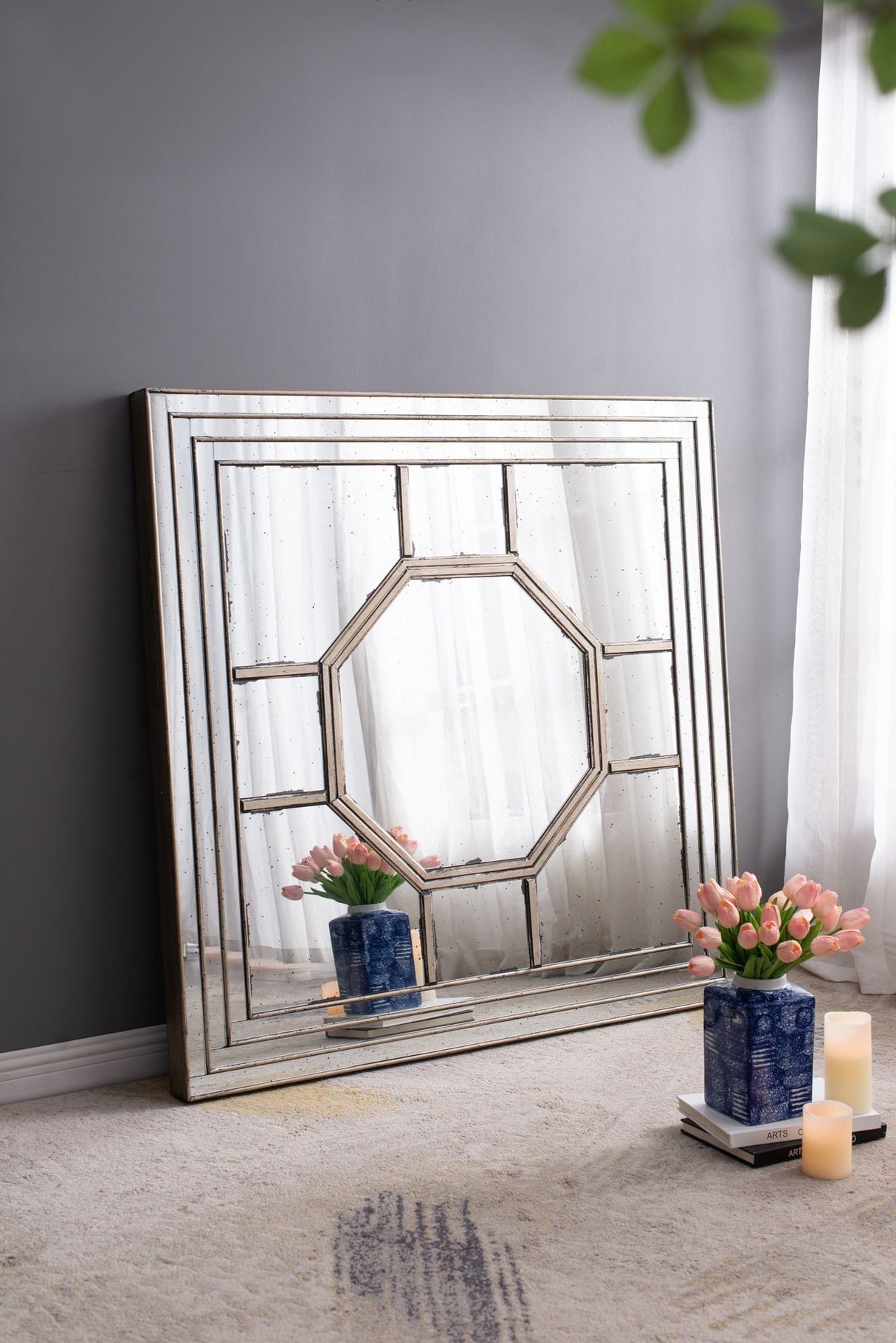 Antique Style Decorative Square Wall Mirror with Mirrored Frame