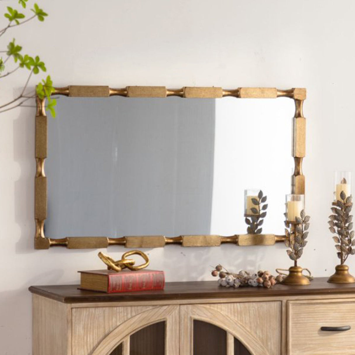 Gold Bamboo-Style Rectangular Wall Mirror, Textured Frame for Living Room/Bedroom/Entryway Decor