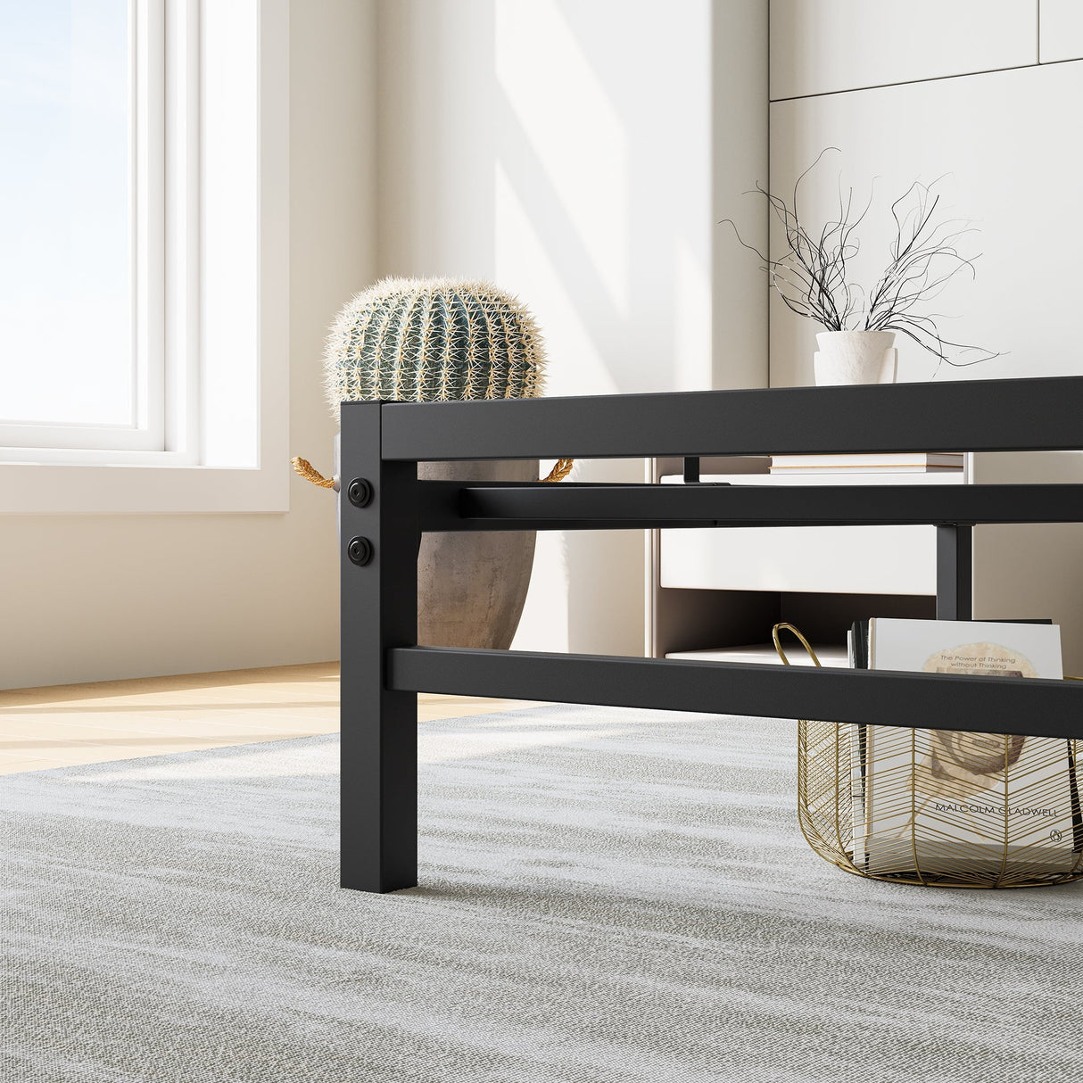 Industrial Platform Bed with Storage and Vintage Wood Headboard - Black