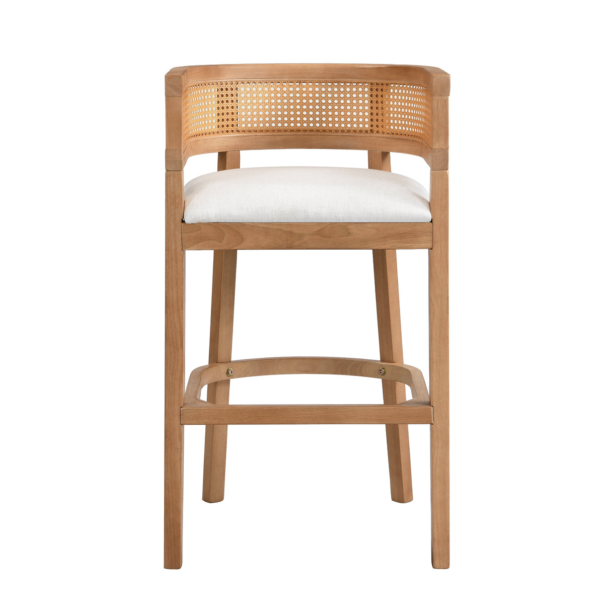 Wood And Rattan Upholstered Arm Bar Stools, Set of 2