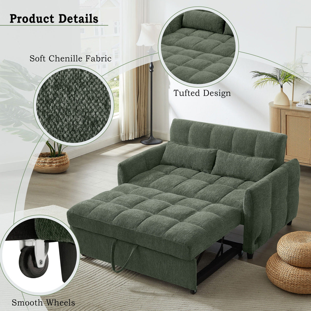 Loveseat Sofa Pull-Out Bed With Adjustable Backrest, 3 USB Ports And 2 Lumbar Pillows For Living Room