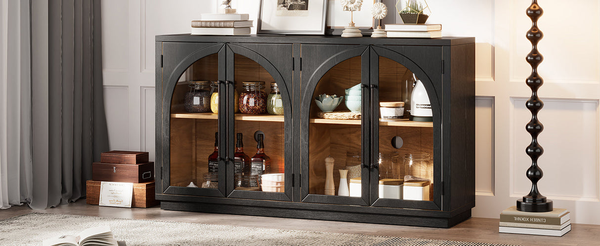 4-Door Large Storage Sideboard Buffet Cabinet with Glass Doors (Black)