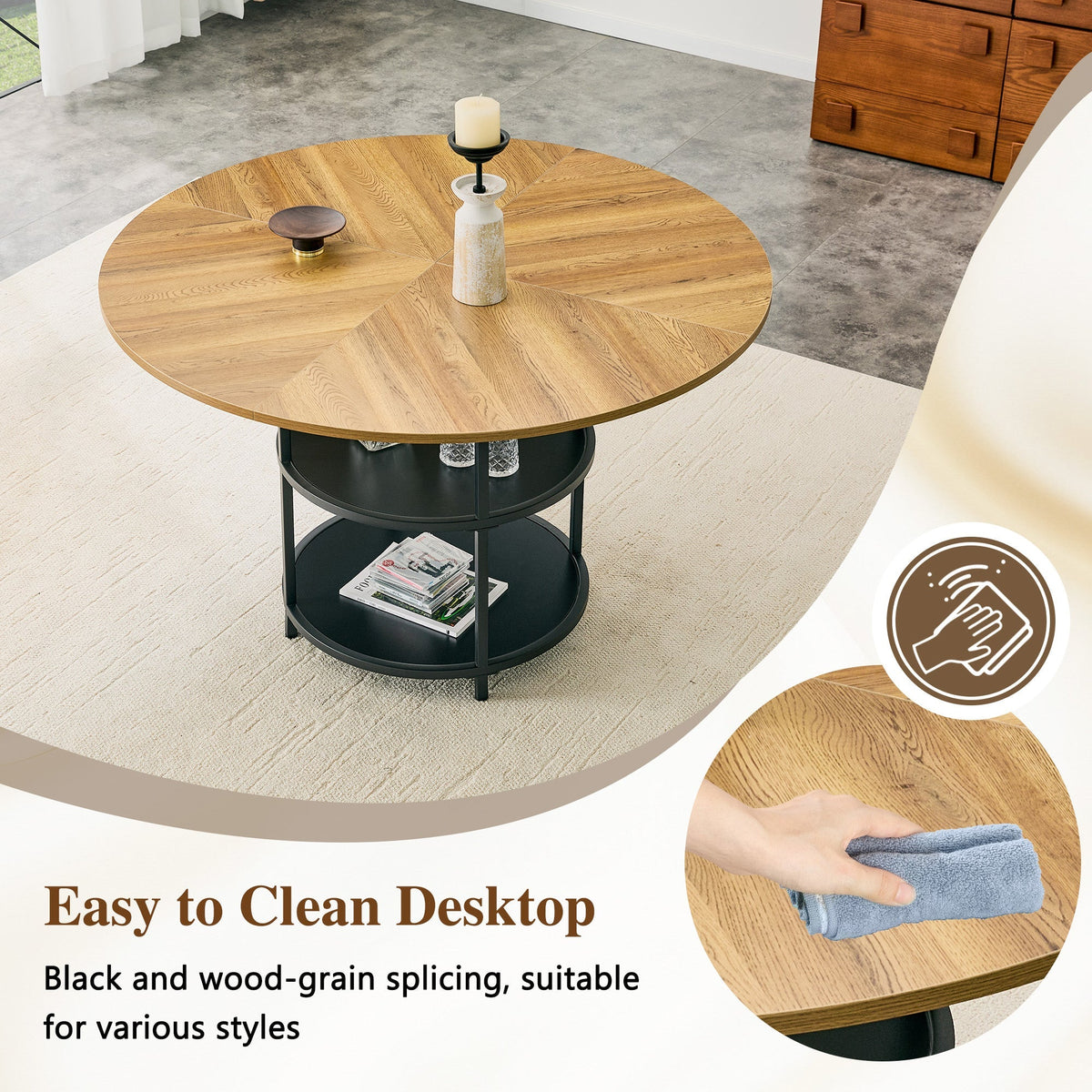 47.3-Inch Diameter Modern Circular Dining Table with Double-Layer Storage - Black, Wood