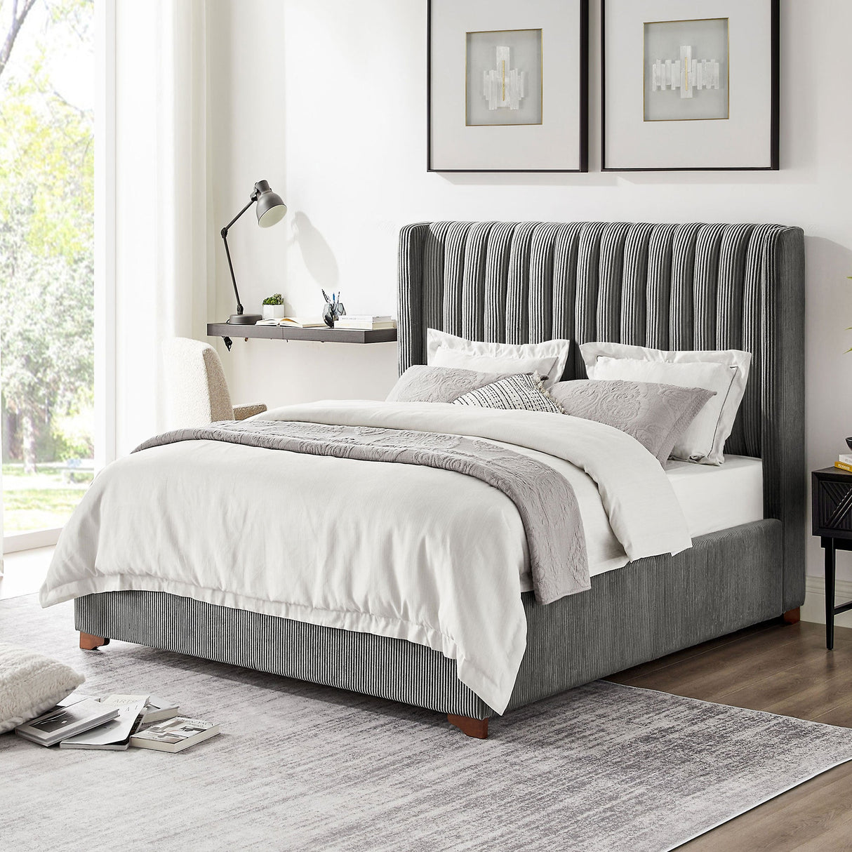 Corduroy-Upholstered-Wingback-Bed-Frame,-No-Box-Spring-Beds-&-Bed-Frames