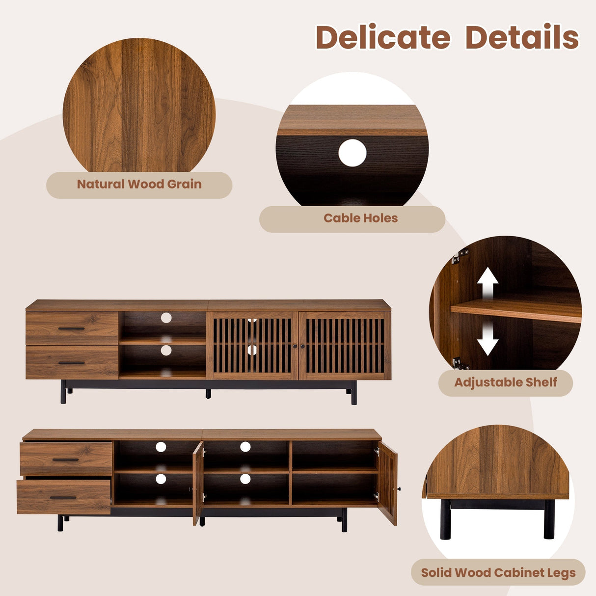 78 inch Modern TV Stand for TVs up to 85 inchesEntertainment Center with Deep Drawers & Cable ManagementSoft-Closing HingesSolid Wood Legs in Walnut Finish