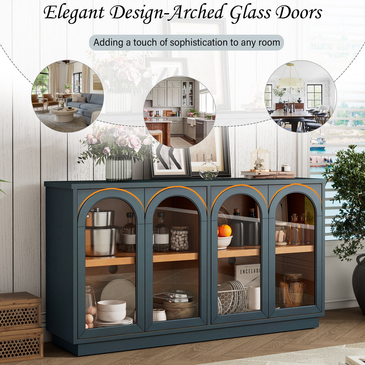 Arched Storage Cabinet with Glass Doors