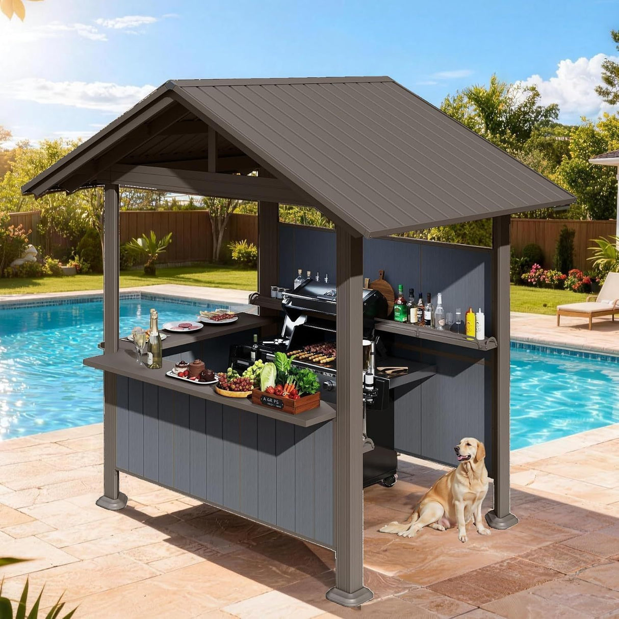 9.4X6.2 FT Hardtop Grill Gazebo, Gable Outdoor Grill Gazebo with Storage Shelves & Resin Shade System, Galvanized Steel Metal Hard top Gazebo for Patio Backyard Garden -Brown