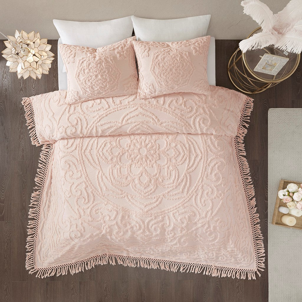 Tufted Cotton Chenille Medallion Fringe Coverlet Mini Set Blush Full/Queen