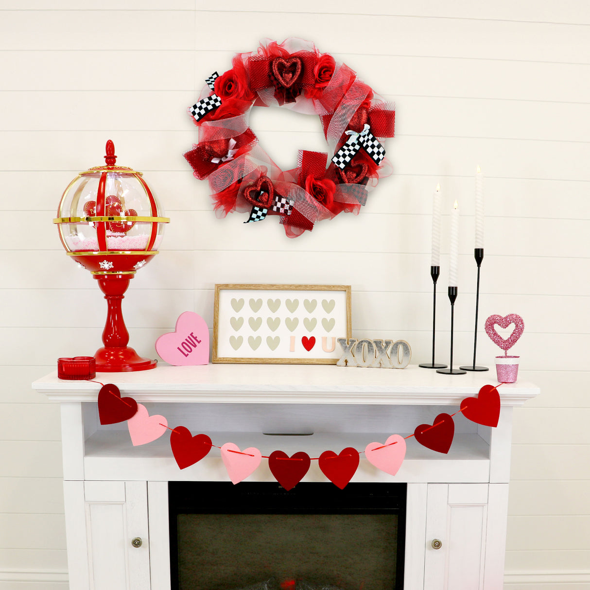20-In. Valentine's Day Ribbon Wreath with Roses, Bows, and Glitter Hearts, Festive Hanging Door or Wall Decoration