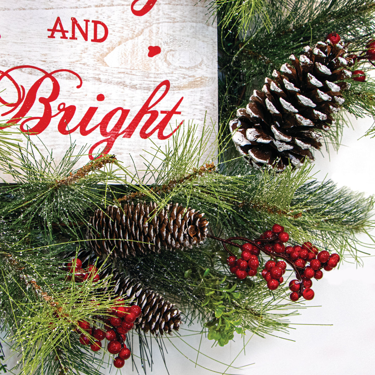 26-Inch Frosted Wreath with Pinecones, Red Berries, and Merry Christmas Sign