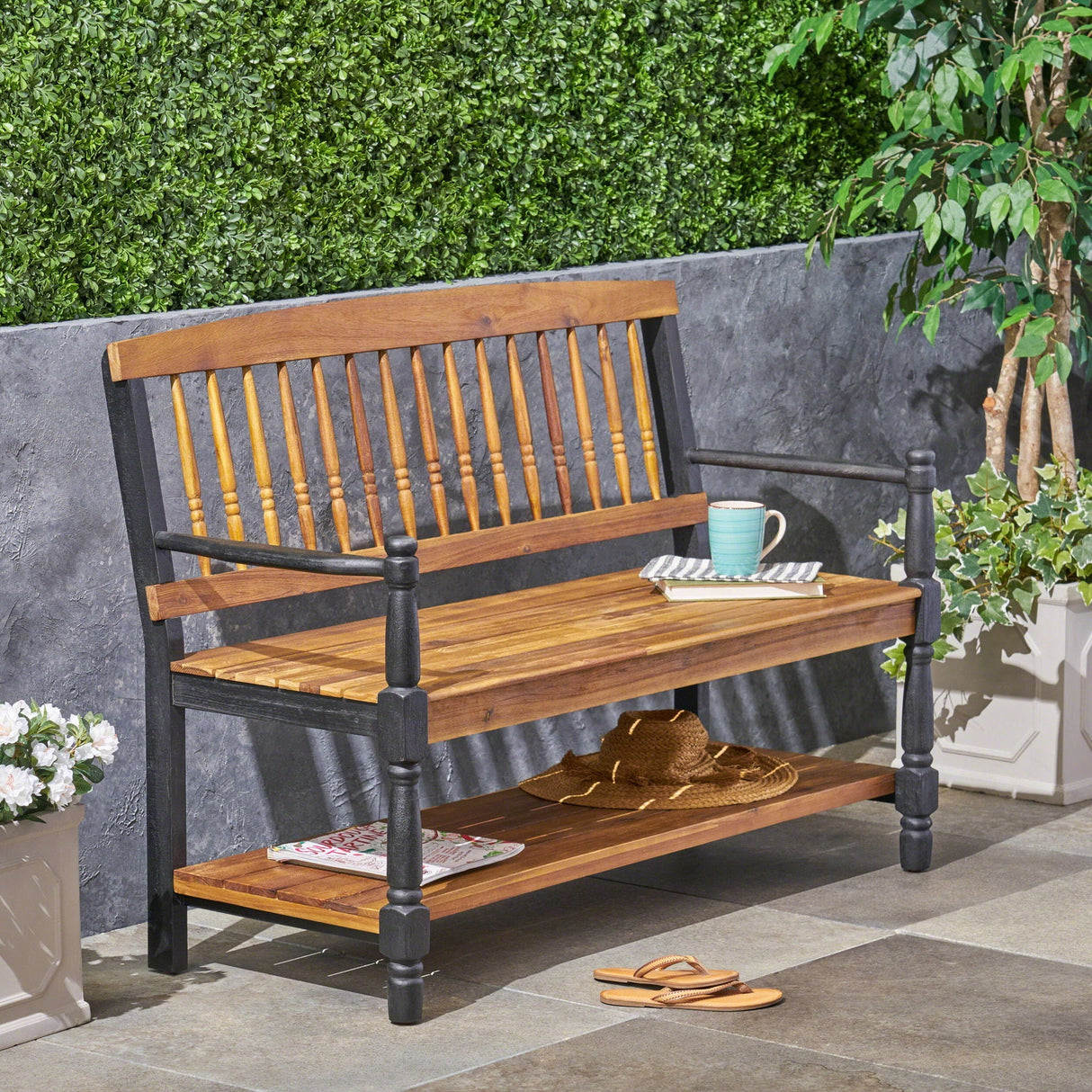 Slatted Bench With Built-In Shelf