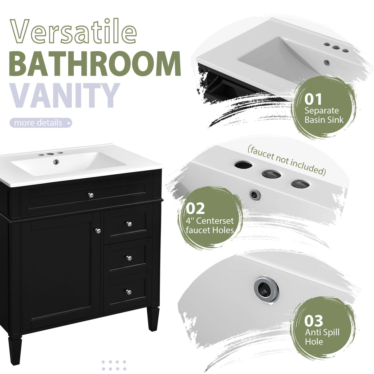 Bathroom Vanity With Top Sink, 2 Doors And 3 Drawers, Freestanding Set With Mirror Cabinet