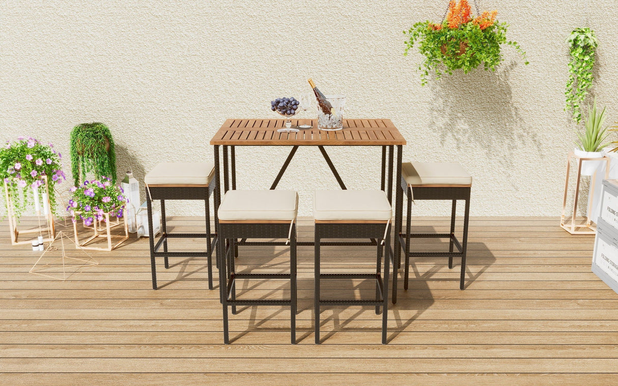 Outdoor Acacia Wood Bar Height Table and Eight Stools with Cushions