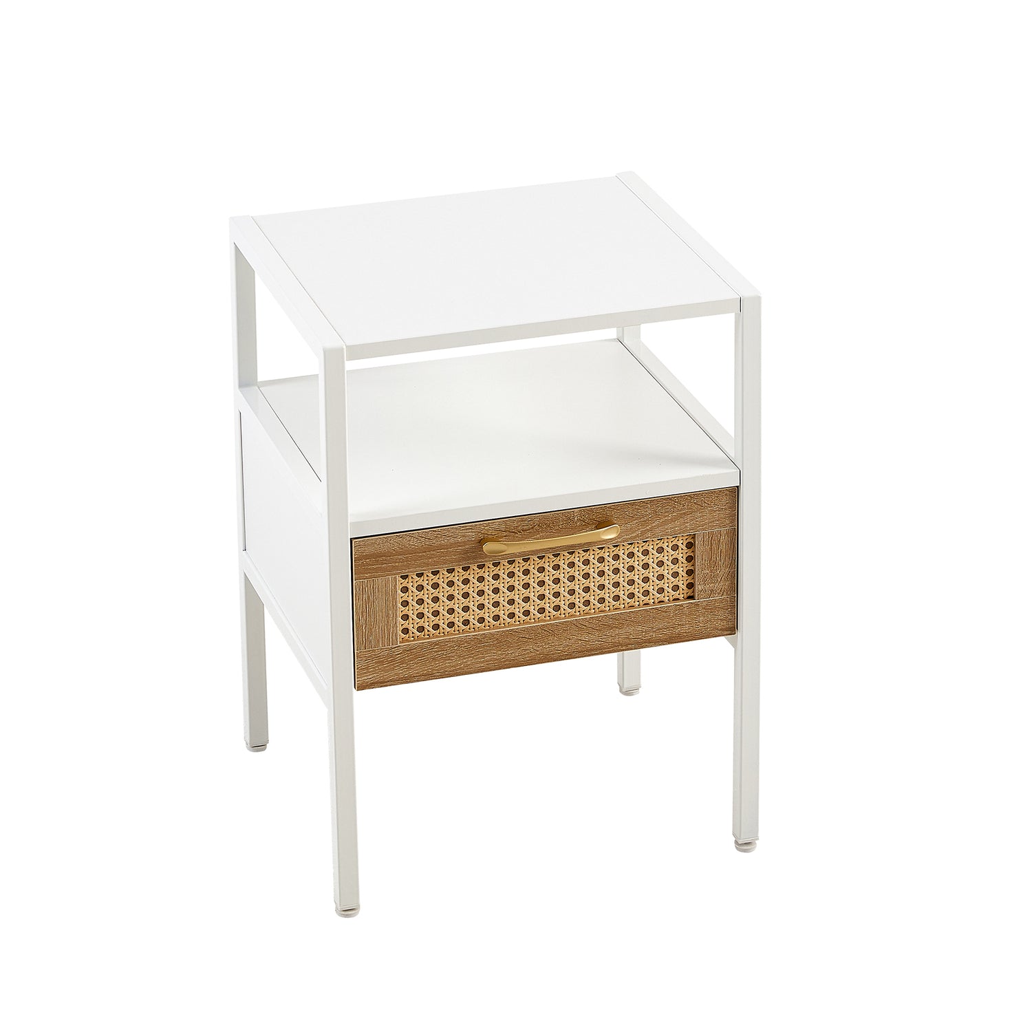 Modern Rattan End Table with Drawer, Metal Legs, 15.75'