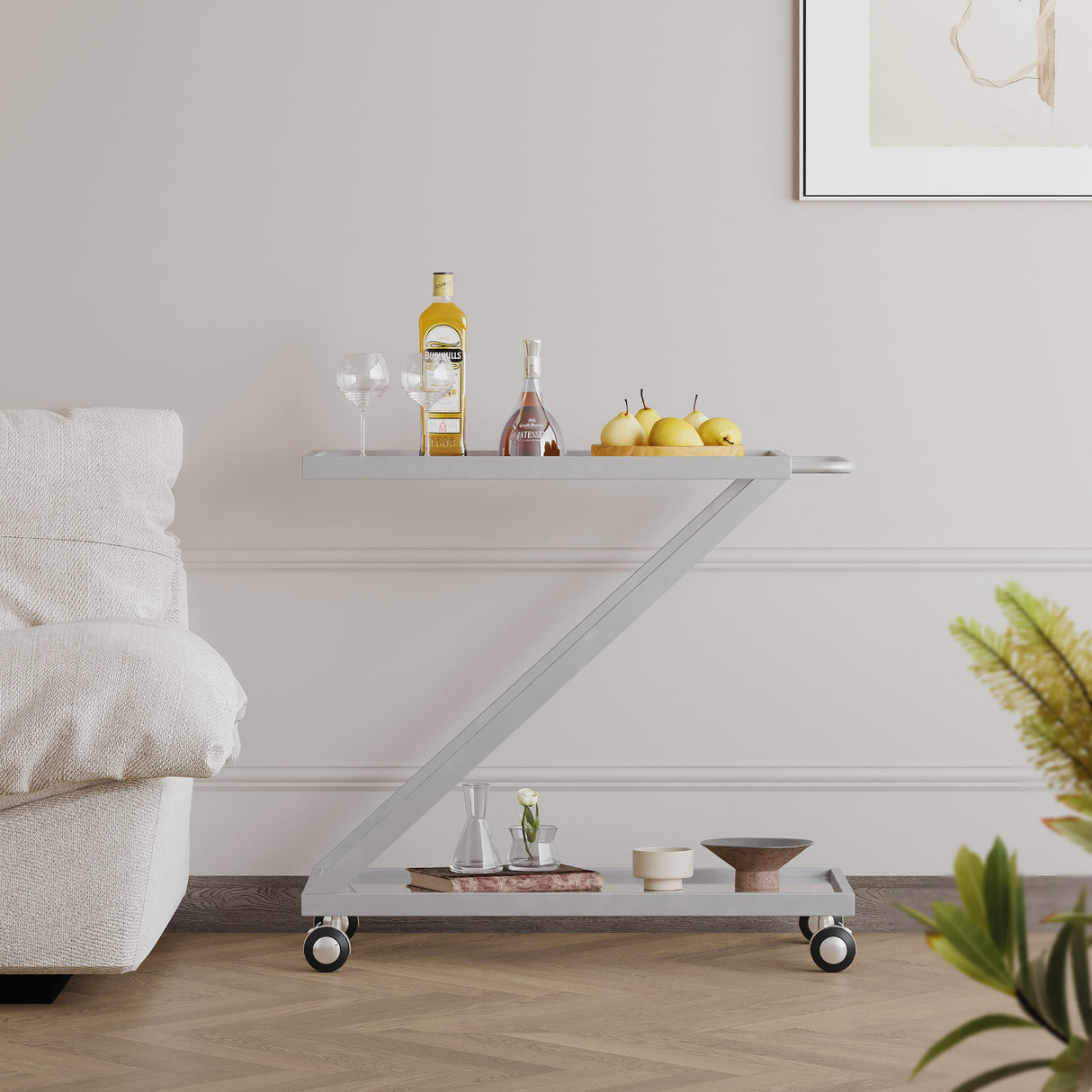 Modern Z-Shaped Bar Cart with Tempered Glass Shelves