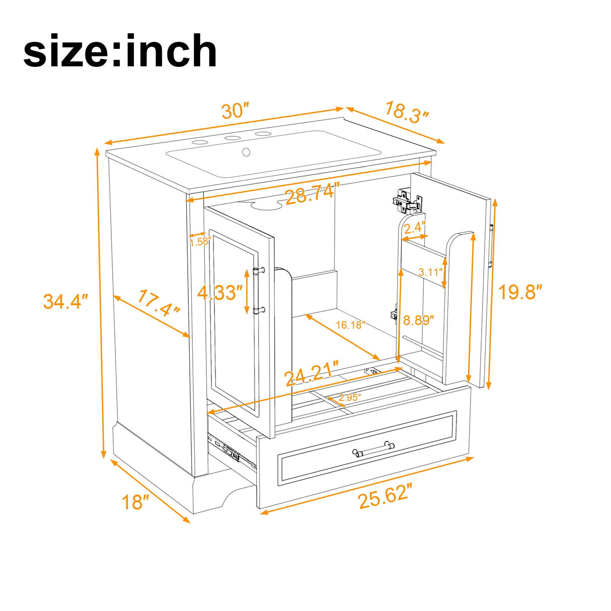 Bathroom Vanity With Sink, 1 Divided Drawer And 2 Soft Close Doors With Double Shelf