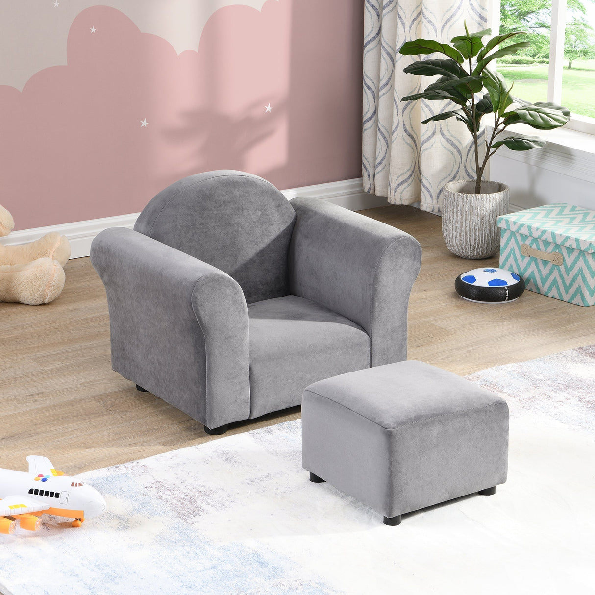 Kids Gray Velvet Upholstered Chair with Ottoman