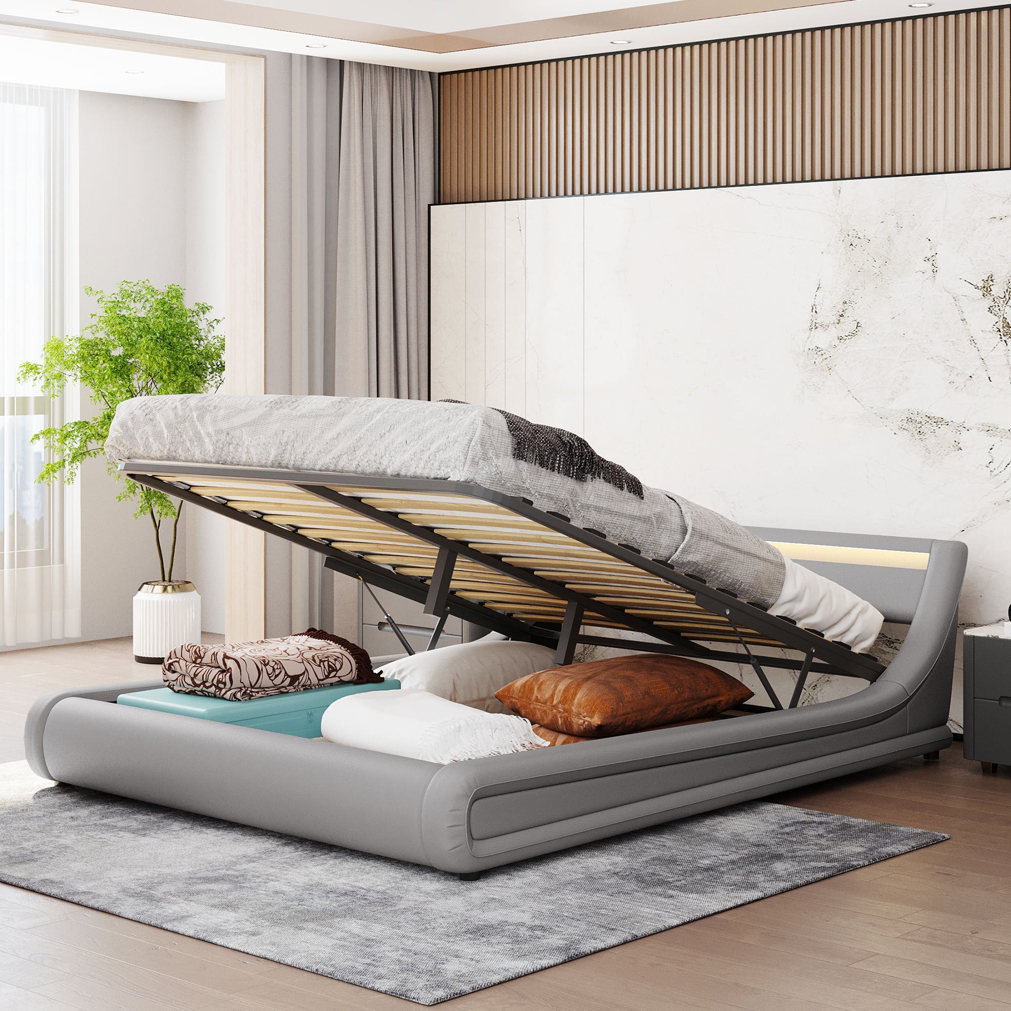 Upholstered-Faux-Leather-Platform-bed-with-a-Hydraulic-Storage-System-with-LED-Light-Headboard-Bed-Frame-with-Slatted-Queen-Size-Beds-&-Bed-Frames