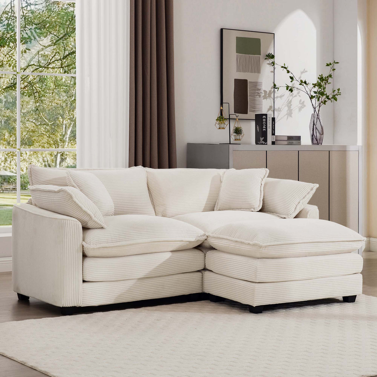 Modern Modular Cushion Sofa Set with Ottoman - Fabric, Multiple Colors