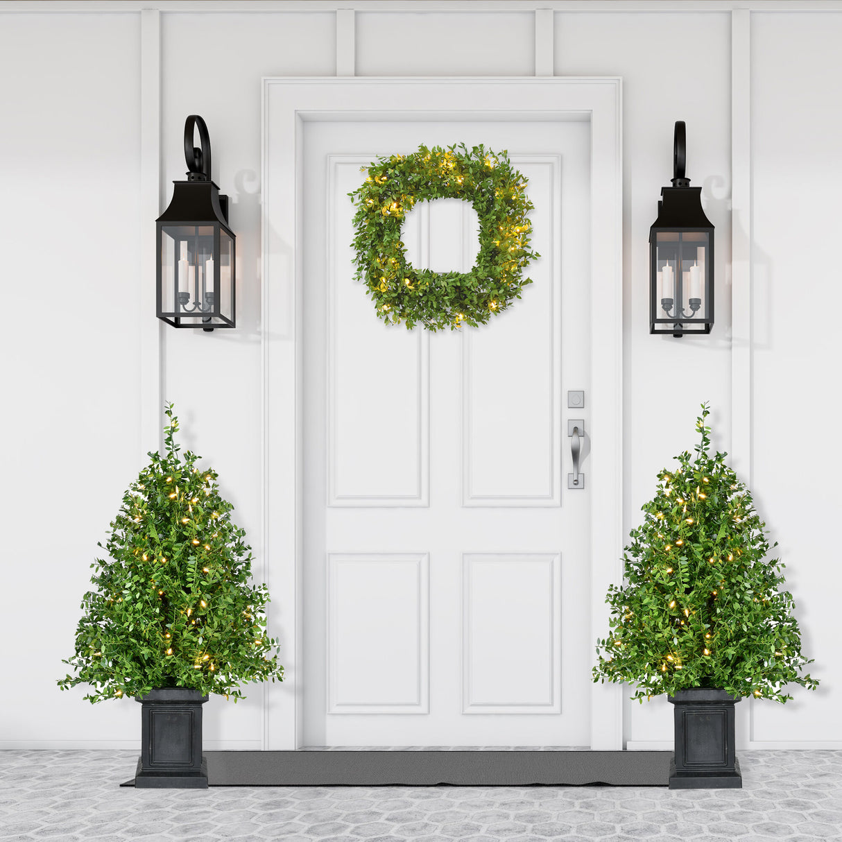 3-Ft. Boxwood Porch Tree in Black Pot with Warm White Lights