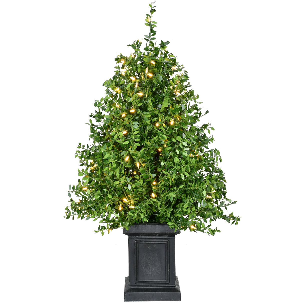 3-Ft. Boxwood Porch Tree in Black Pot with Warm White Lights, Set of 2
