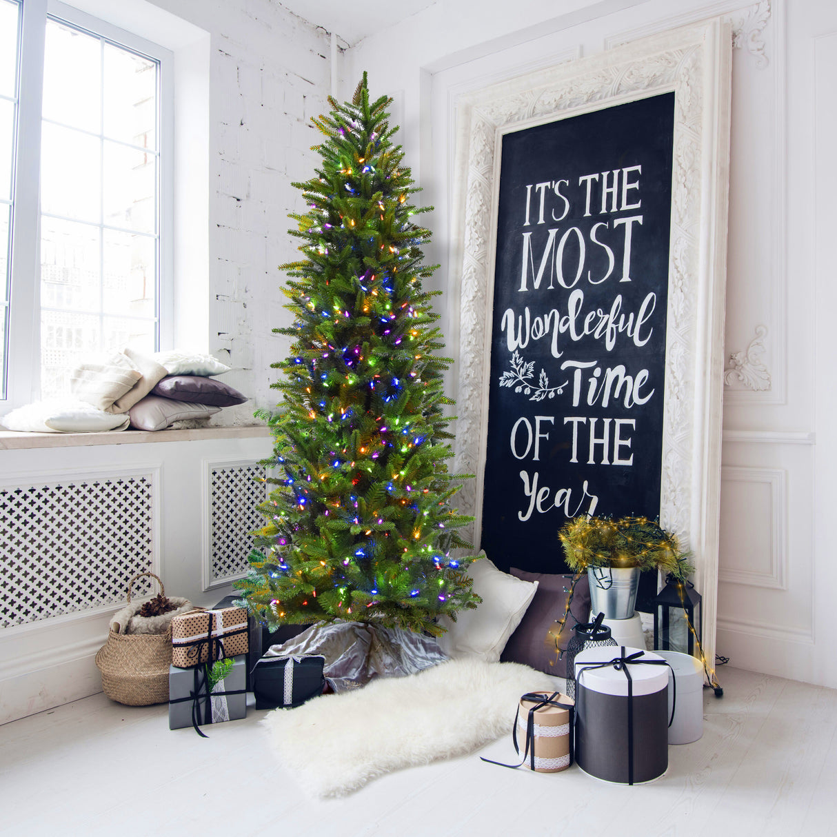 9-Ft. Carmel Pine Slim Artificial Christmas Tree with Dual Multicolor & Warm White LED Lights