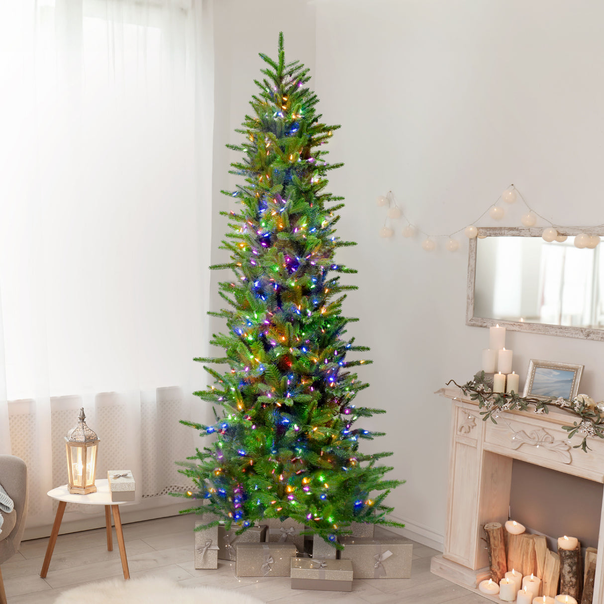 9-Ft. Carmel Pine Slim Artificial Christmas Tree with Dual Multicolor & Warm White LED Lights