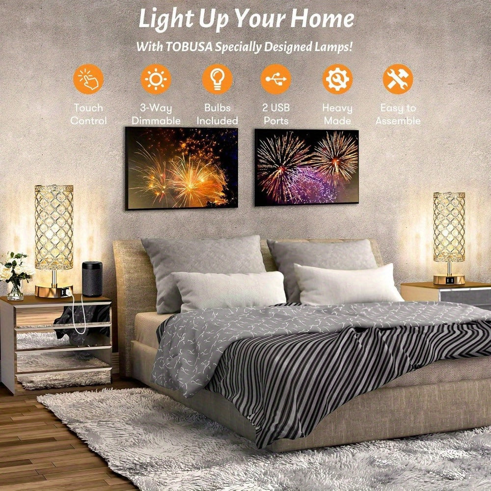 Set of 2 Crystal Table Lamps – Touch Control USB Bedside Lights, 3-Way Dimmable